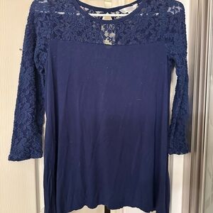 Charming Charlie Navy Lace Yoke Long Sleeve Top